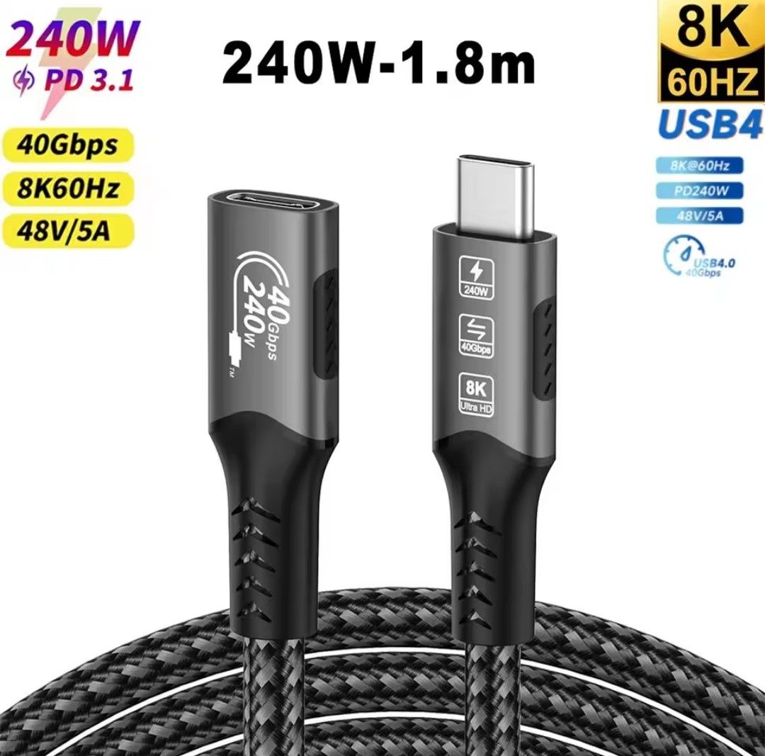 Kabel USB 4.0 1.8m 8K 40 Gbps przedłużacz typ C