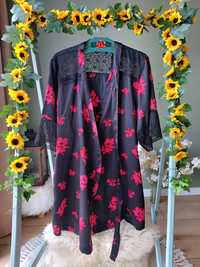 Damski szlafrok czarny w kwiaty kimono damskie  róże koronka  L/XL
W k