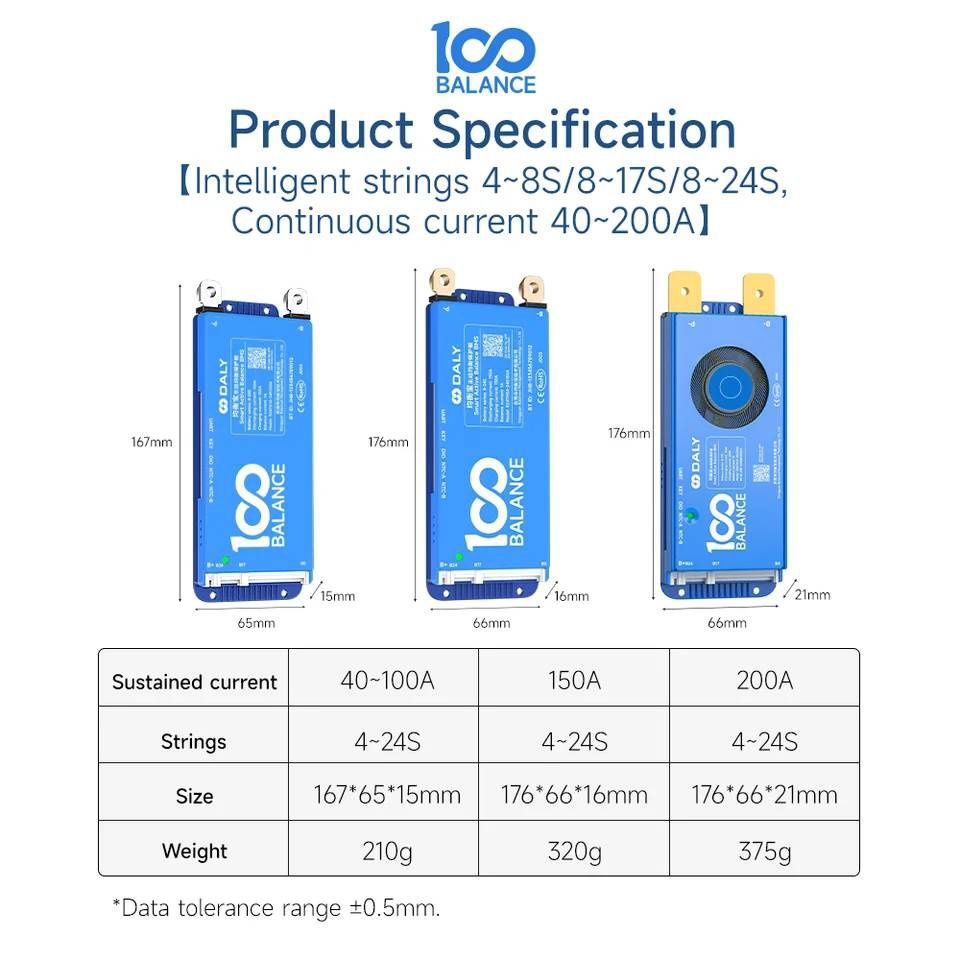 Smart BMS плата Daly 100Balance Li-ion, LiFePO4, LTO 8-17S 24,36,48V