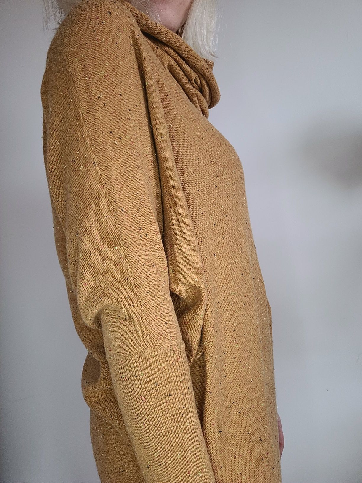 Musztardowy sweter oversize golf bawełna wełna vintage