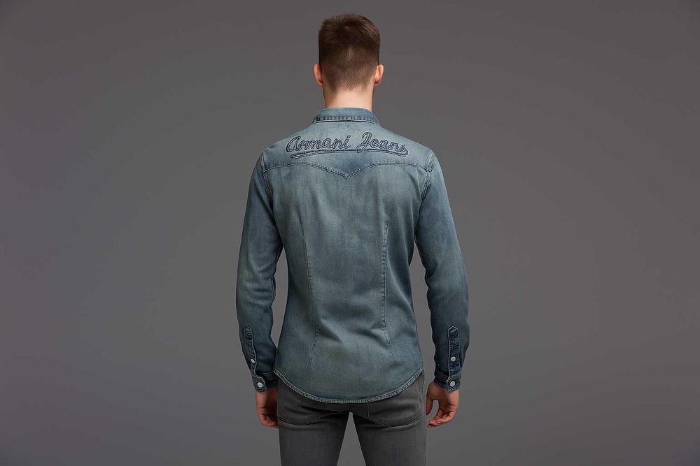 Джинсова сорочка Armani Jeans big logo з фабричними потертостями
