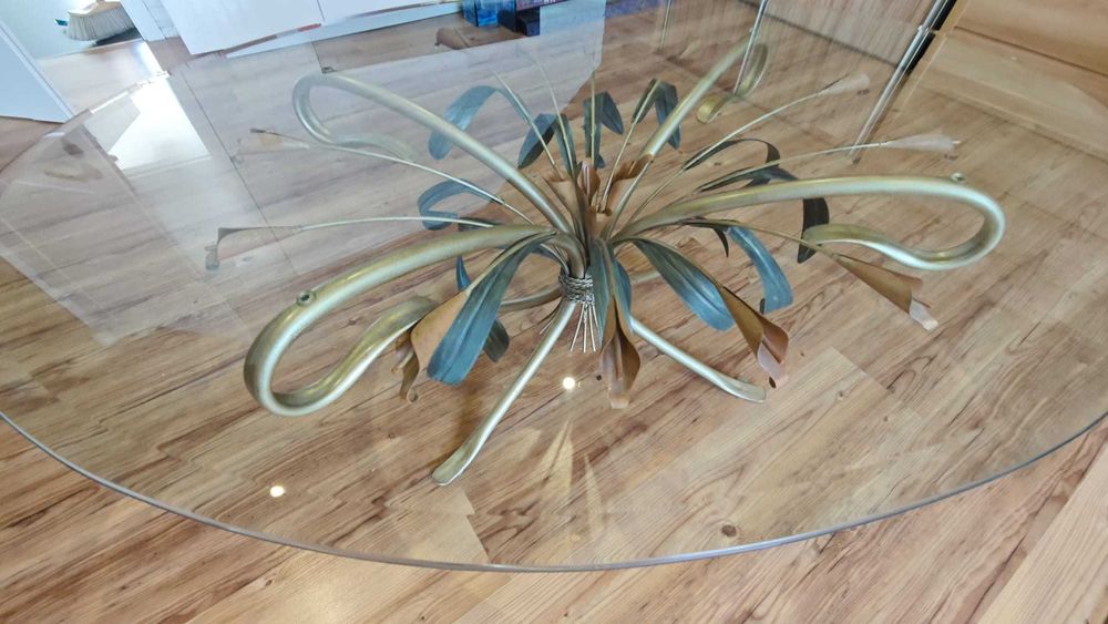 Stolik kawowy, szkło hartowane, metaloplastyka kwiatowa stan bdb