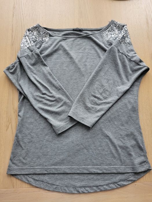Bluzka damska M szara z cekinami na ramionach rękaw 3/4 luźna