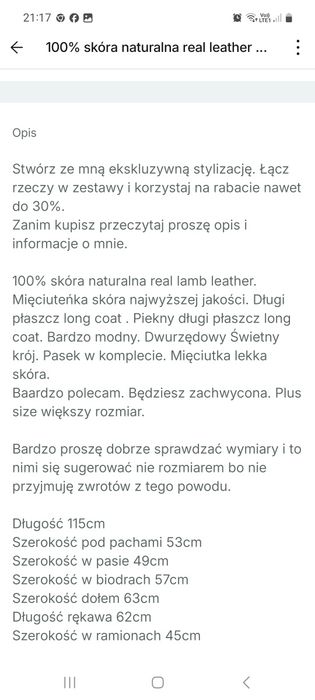 100% skóra naturalna real leather długi płaszcz long leather coat