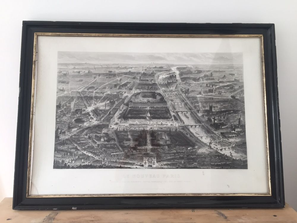 Gravura panorama de Paris com Arco do Triunfo e moldura