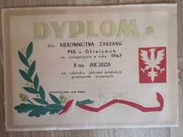 Stary dyplom PSS Społem GLIWICE 1968 antyk prl SGH