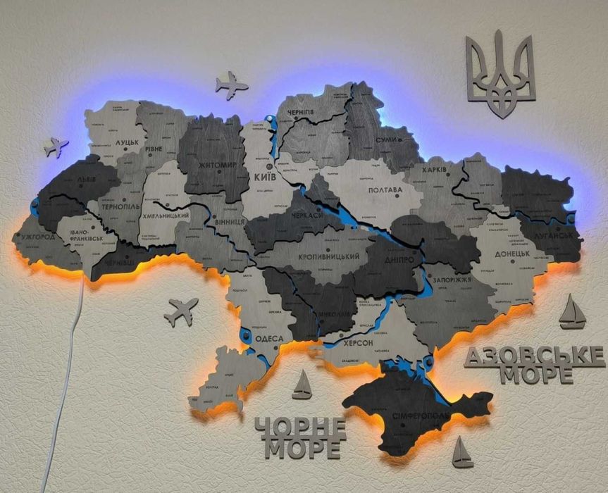 Дерев'яна мапа України з підсвіткою річок карта на стіну панно Україна