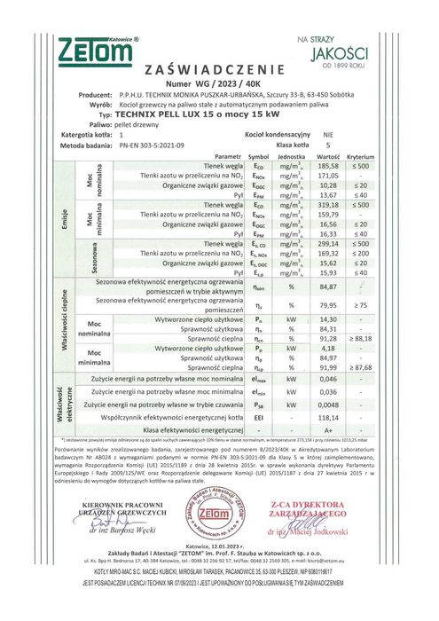 Kocioł  z Podajnikiem na Pellet Technix PELL LUX 15kw 5 klasa Dotacja