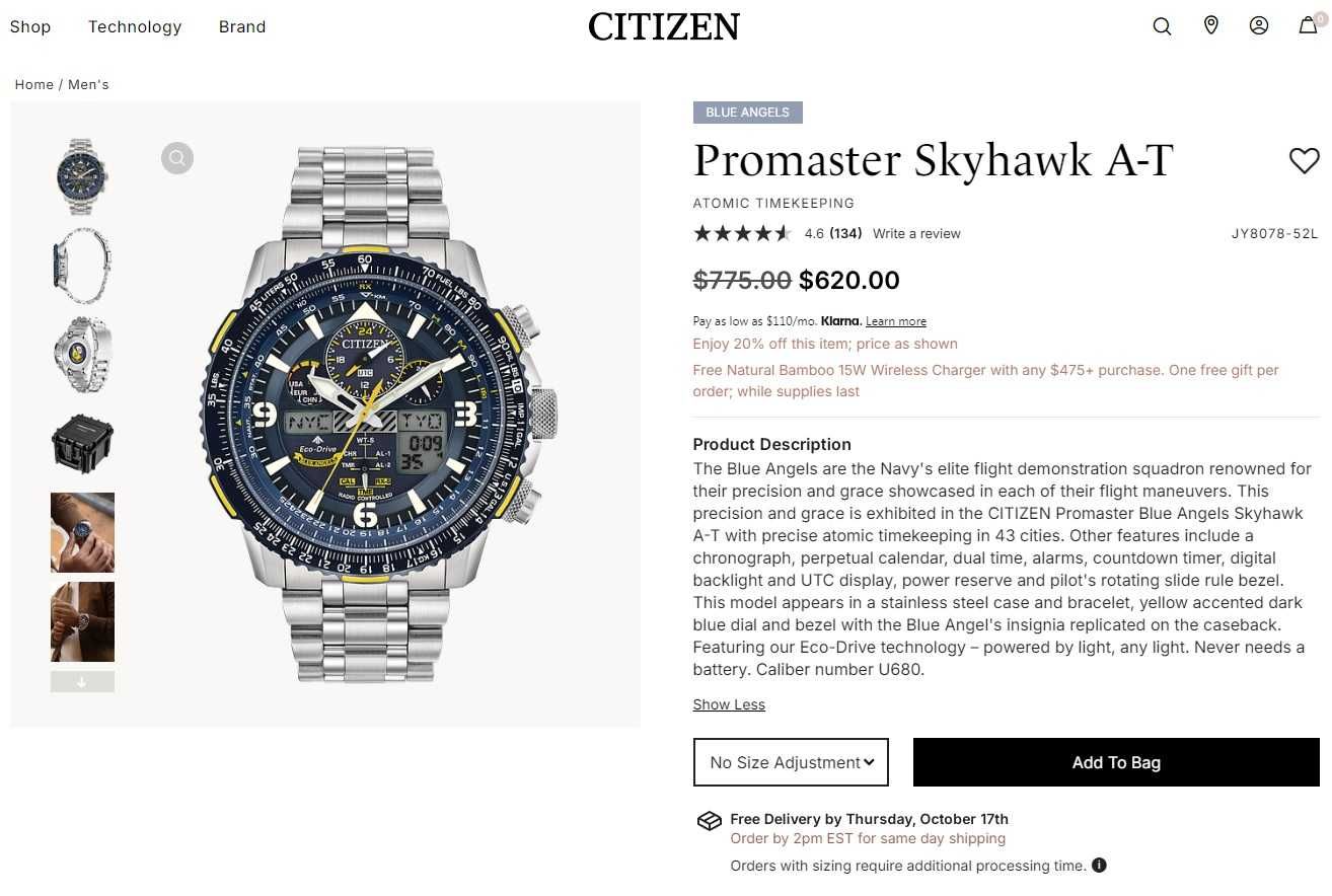 Часы Citizen Blue Angels JY8078-52L радиосинхронизация, вечник, сапфир