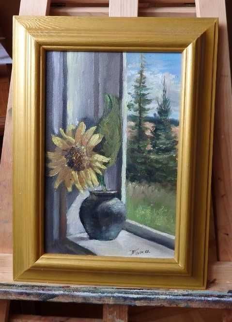 Obraz olejny 20 x 30 cm, ręcznie malowany Słonecznik w oknie