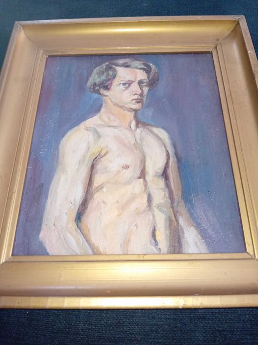 Piękny portret olejny półakt  przedwojenny