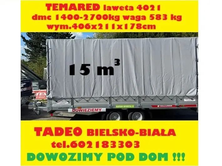 TEMARED CARPLATFORM 4021/2 2,7T stelaż+plandeka 406x211x178  laweta ze stelażem i plandeką, 2700kg DMC,