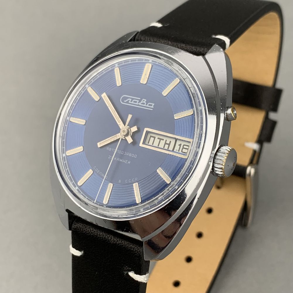 Zegarek vintage Slava – Blue Dial | automat | dzień i data | USSR