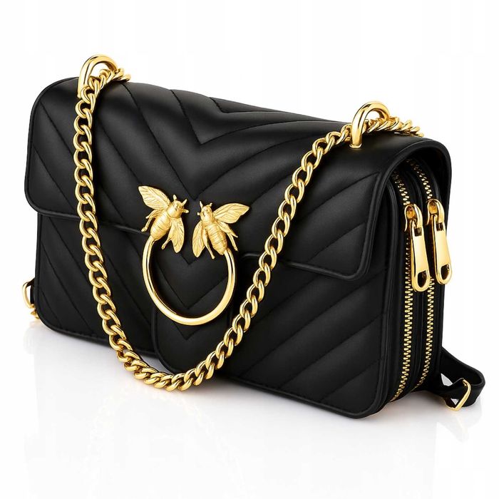 Torebka Damska Listonoszka Czarna Skóra Eko Pikowana Złoty Łańcuszek