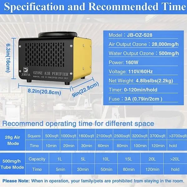 Генератор озона JOBYNA, 28 000 мг/ч в воздушном режиме и 500 мг/ч