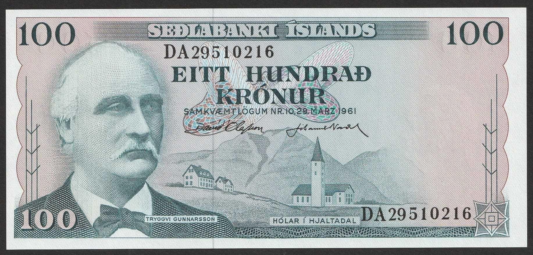 Islandia 100 koron 1961 - Tryggvi Gunnarsson - stan bankowy UNC