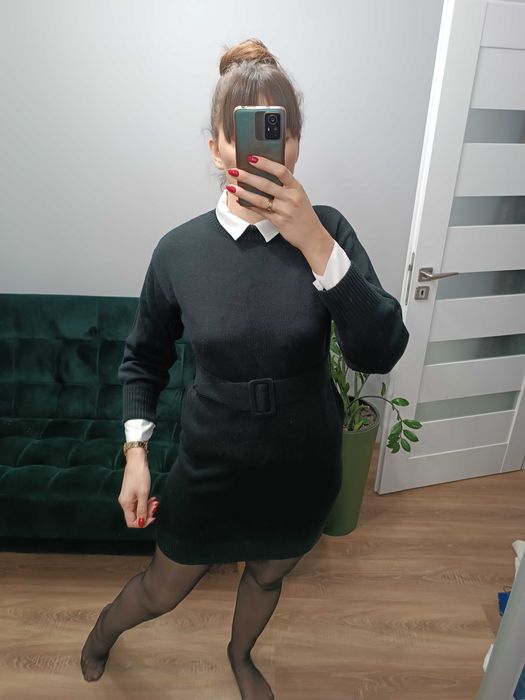 Sukienka dzianinowa sweterkowa półgolf pasek