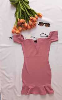 Sukienka elegancka pudrowy róż krótkie rękawy mini XXS XS S 36 32 34