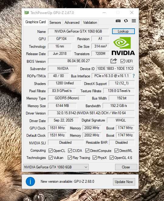 Видео карта GTX Geforte 1060  6Gb  192bit