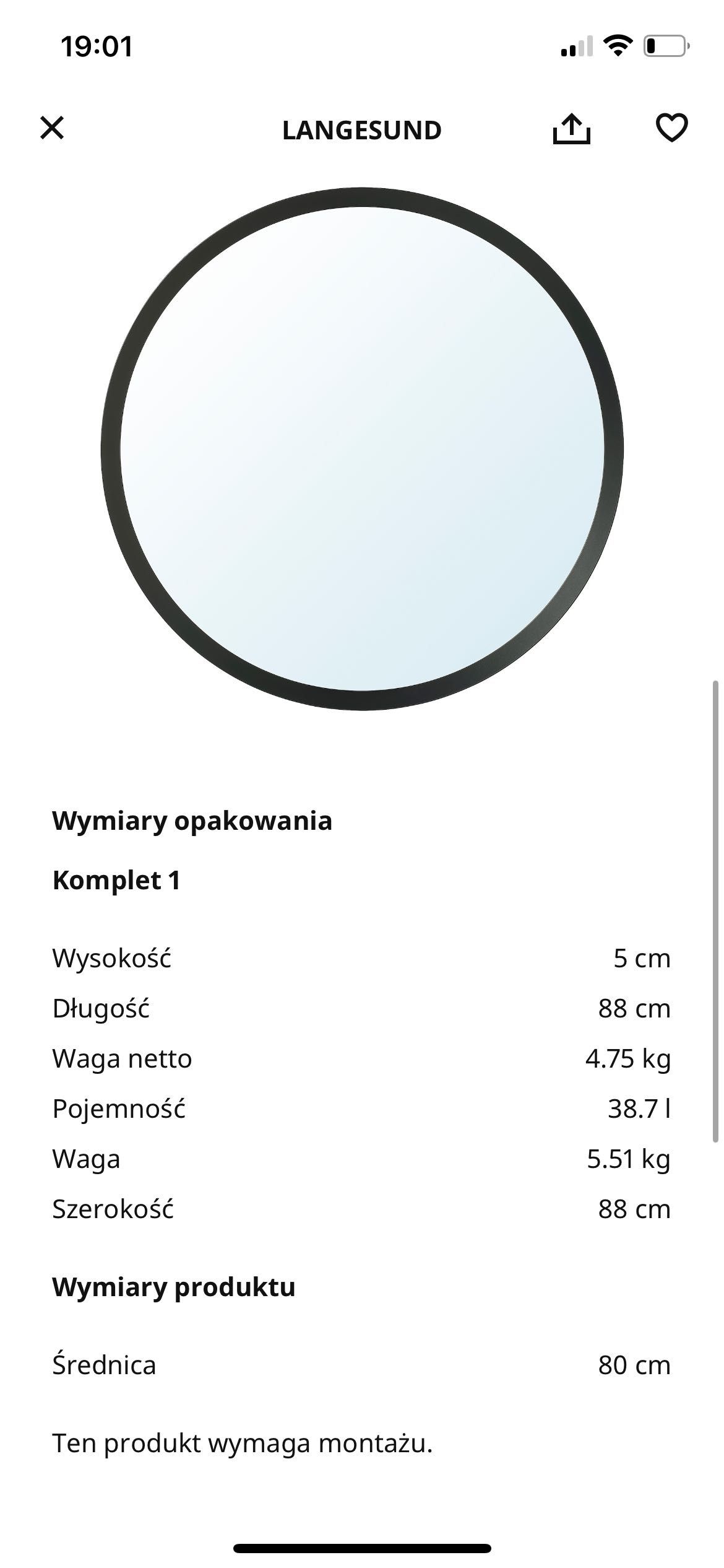 Lustro okrągłe LANGESUND IKEA 80cm antracyt