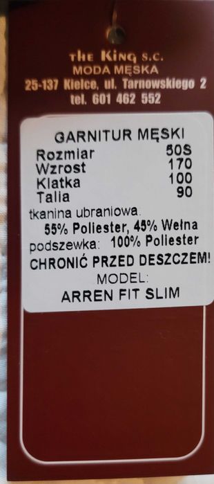 Garnitur Męski ARREN FIT SLIM rozm. 50S (wzrost 170, klat 100, tal 90)