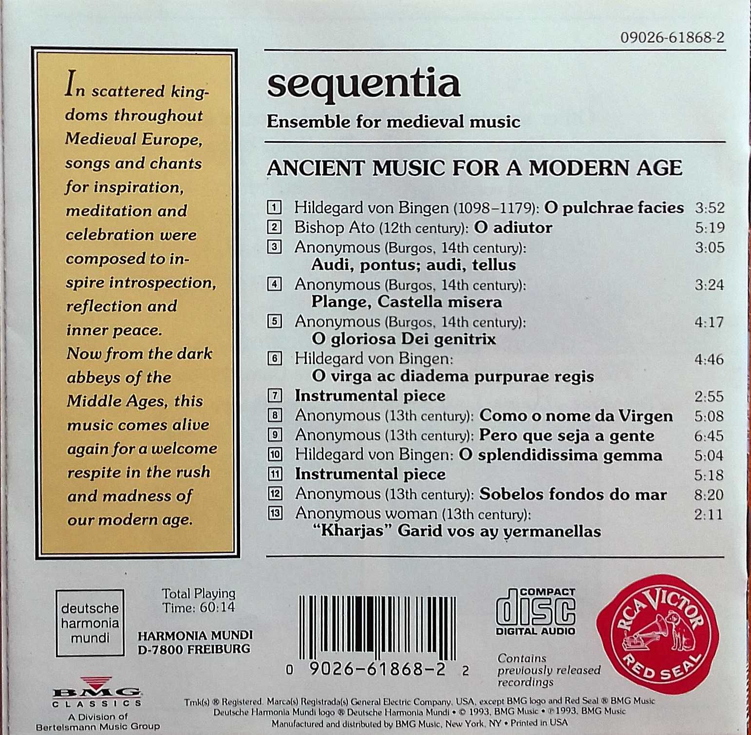 CD Sequentia Ancient Music for Modern Age. Inclui portes