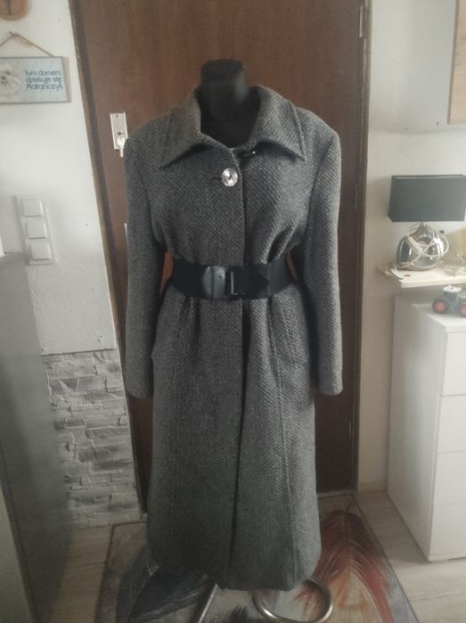 Laura Conti długi maxi płaszcz wełniany gruby i ciepły szary melanż