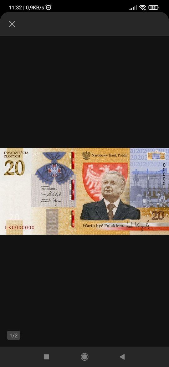 Banknot 20 ZŁ 2021 Rok Lech KACZYŃSKI UNC