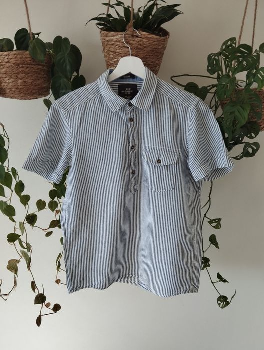 Wiosenna, letnia koszula w niebieskie prążki, krótki rękaw, kieszonka,
