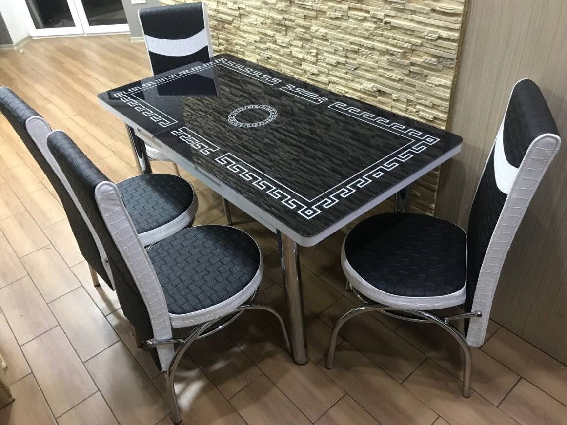 Обеденный раскладной стеклянный кухонный стол со стульями Обідній стіл