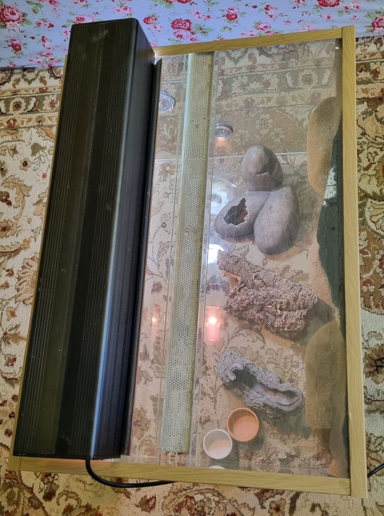 Terrarium 70x50x40 cm z pełnym wyposażeniem: lampa, termometry itd.