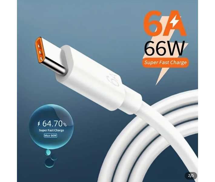 Kabel USB Typu C 6A 66w, Super Szybki Kabel Ładujący 1m biały