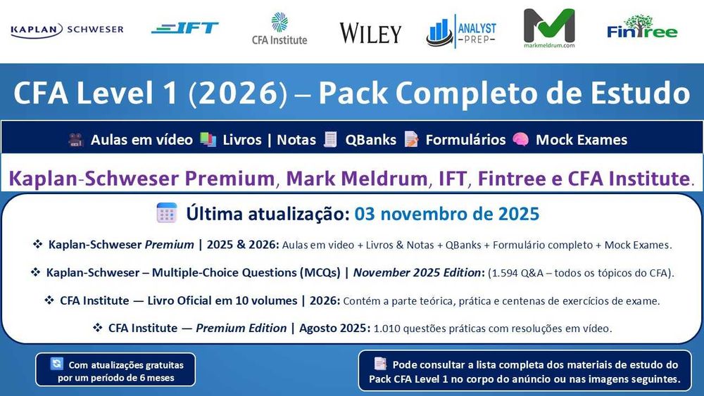 Pack CFA Level 1 (2026): Videos + Livros + QBanks + Mocks Exames