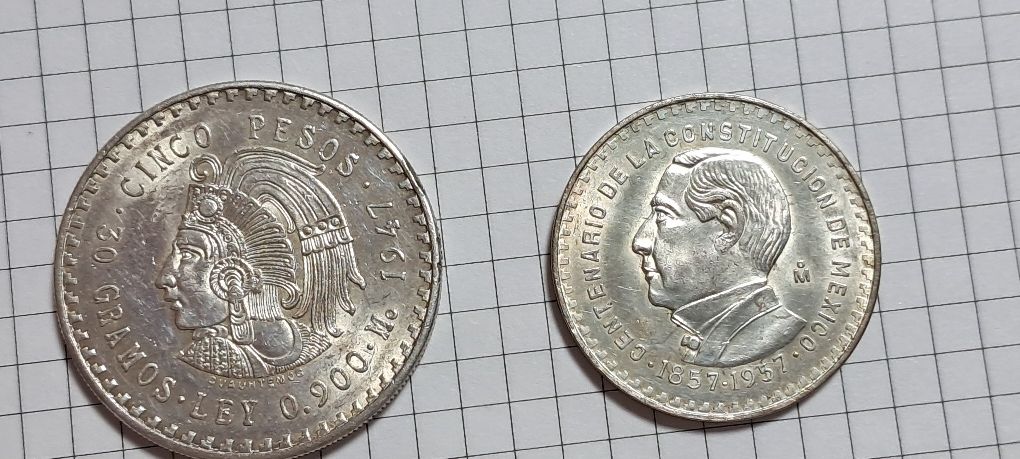 Монети срібло. Мексіка 5 пессо 1947р.+1 пессо 1957р.