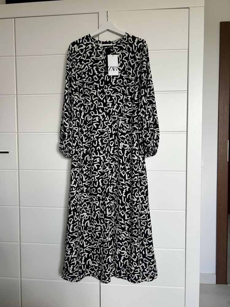 Nowa czarno biała długa elegancka sukienka zara 40