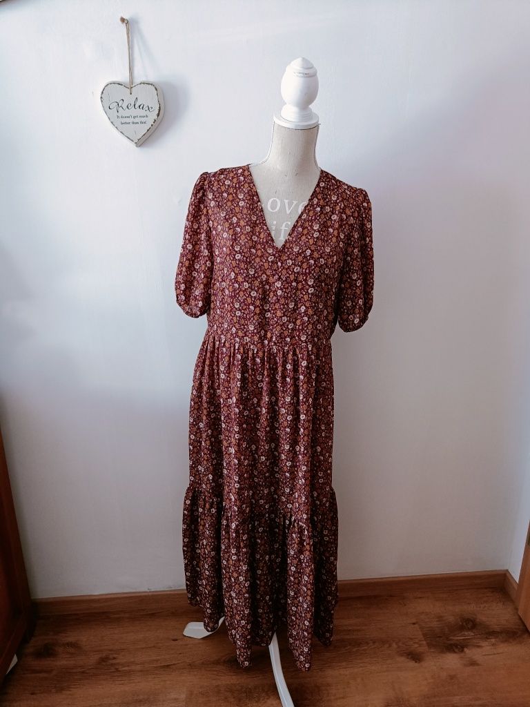 Sukienka damska 42 XL kobieca Boho midi bordowa cienutka