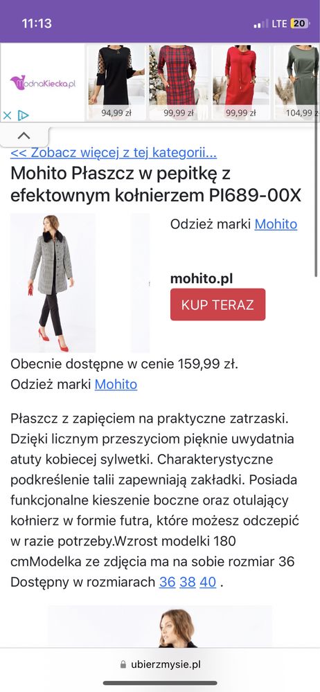 Płaszcz czarny w pepitkę Mohito XS