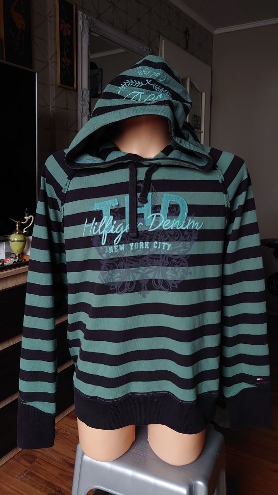 Bluza męska z kapturem Tommy Hilfiger denim L w paski zielona