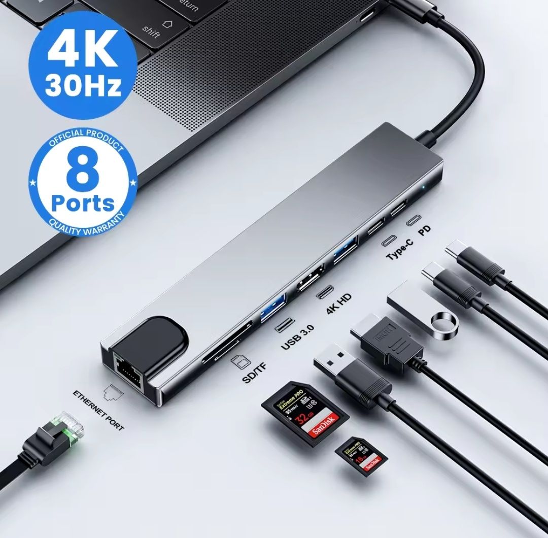 Адаптер Usb,type-c Hub 8 в 1 HDMI PD картридер SD TF RJ45 macbook 4K