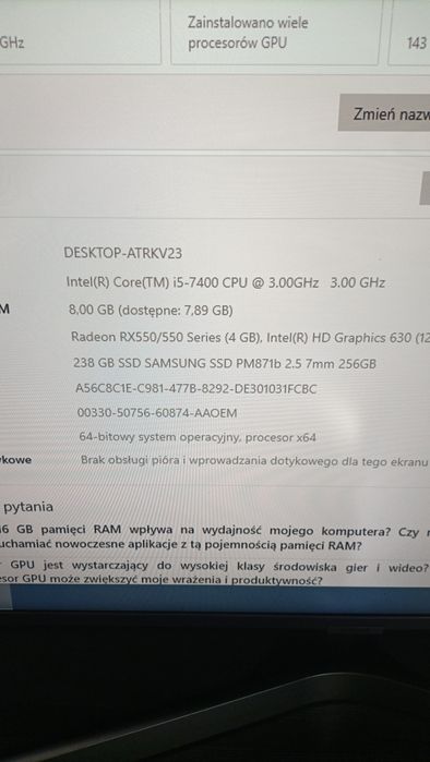 Komputer I5 7400, 8gb Ddr4, RX550 4GB , 256ssd.