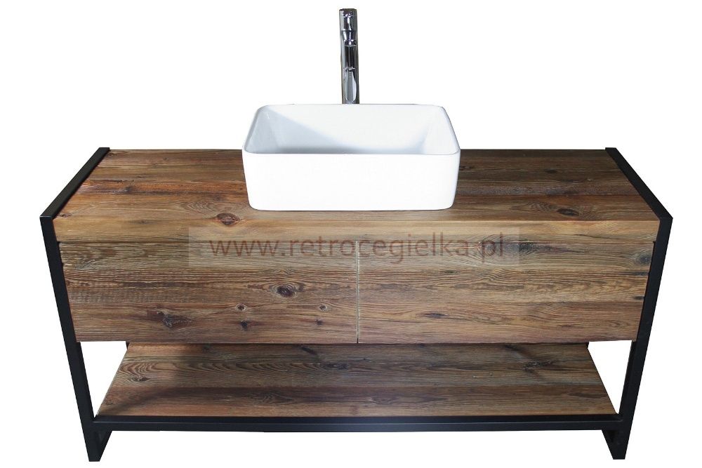 Szafka łazienkowa, stare drewno sosnowe, dwie szuflady, stalowa rama