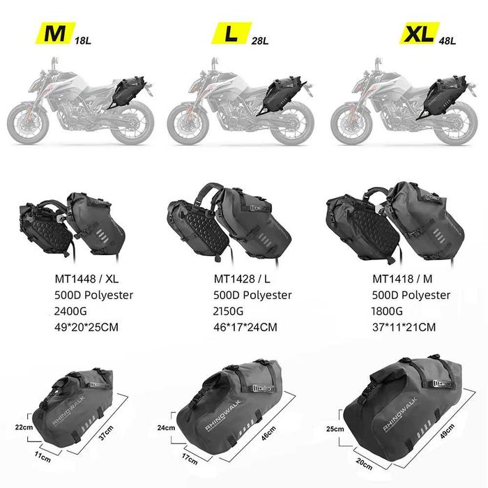 Sacos laterais para moto 18L/28L/48L - Impermeáveis sistema de fixação