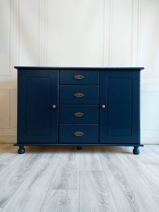 Odnowiona drewniana granatowa komoda / szafka RTV