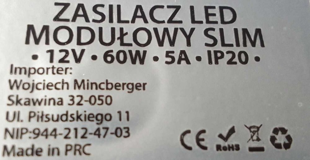 Zasilacz LED modułowy Slim 12V 60W 5A IP20 BERGE Transformator NOWY