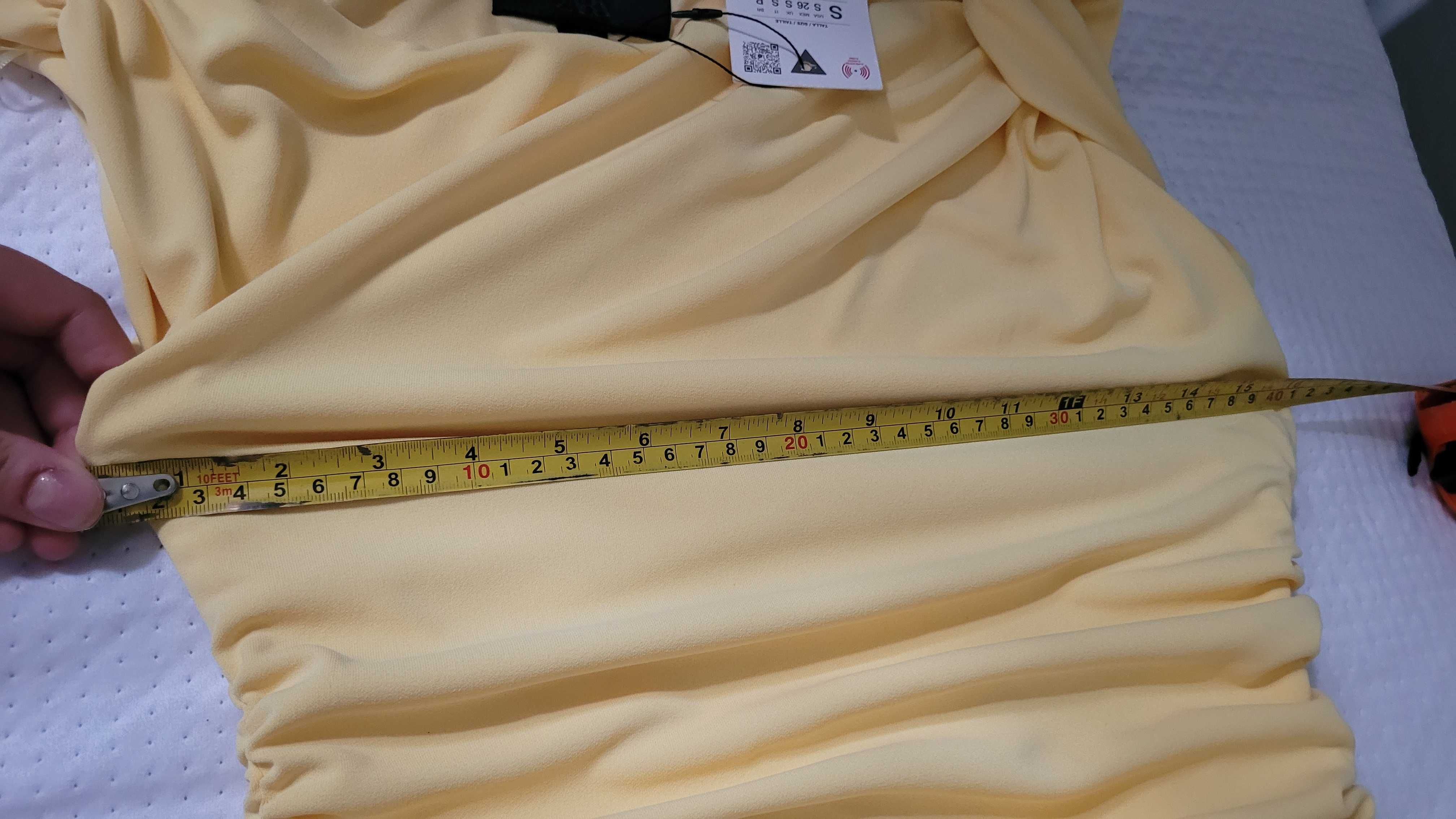 Sukienka midi masełkowa żółta asymetryczna Zara drapowanie S 36