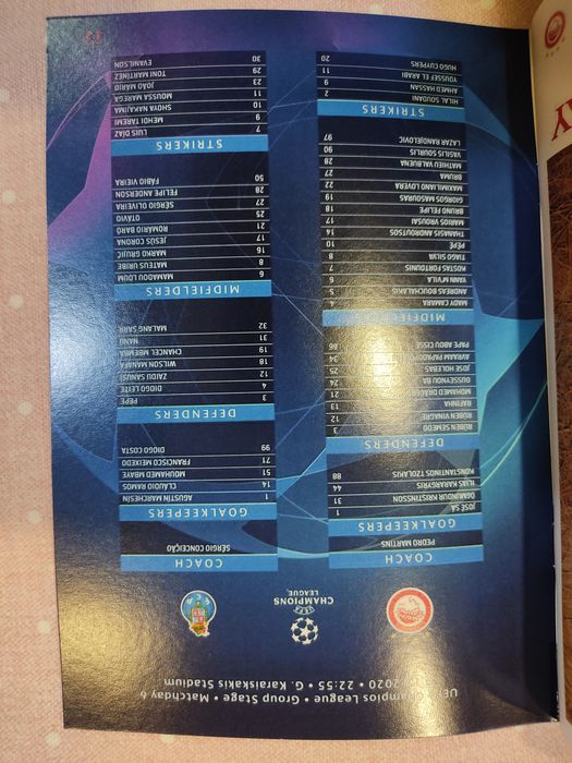 Programa de jogo Olympiacos FC Porto Champions league 2020/21