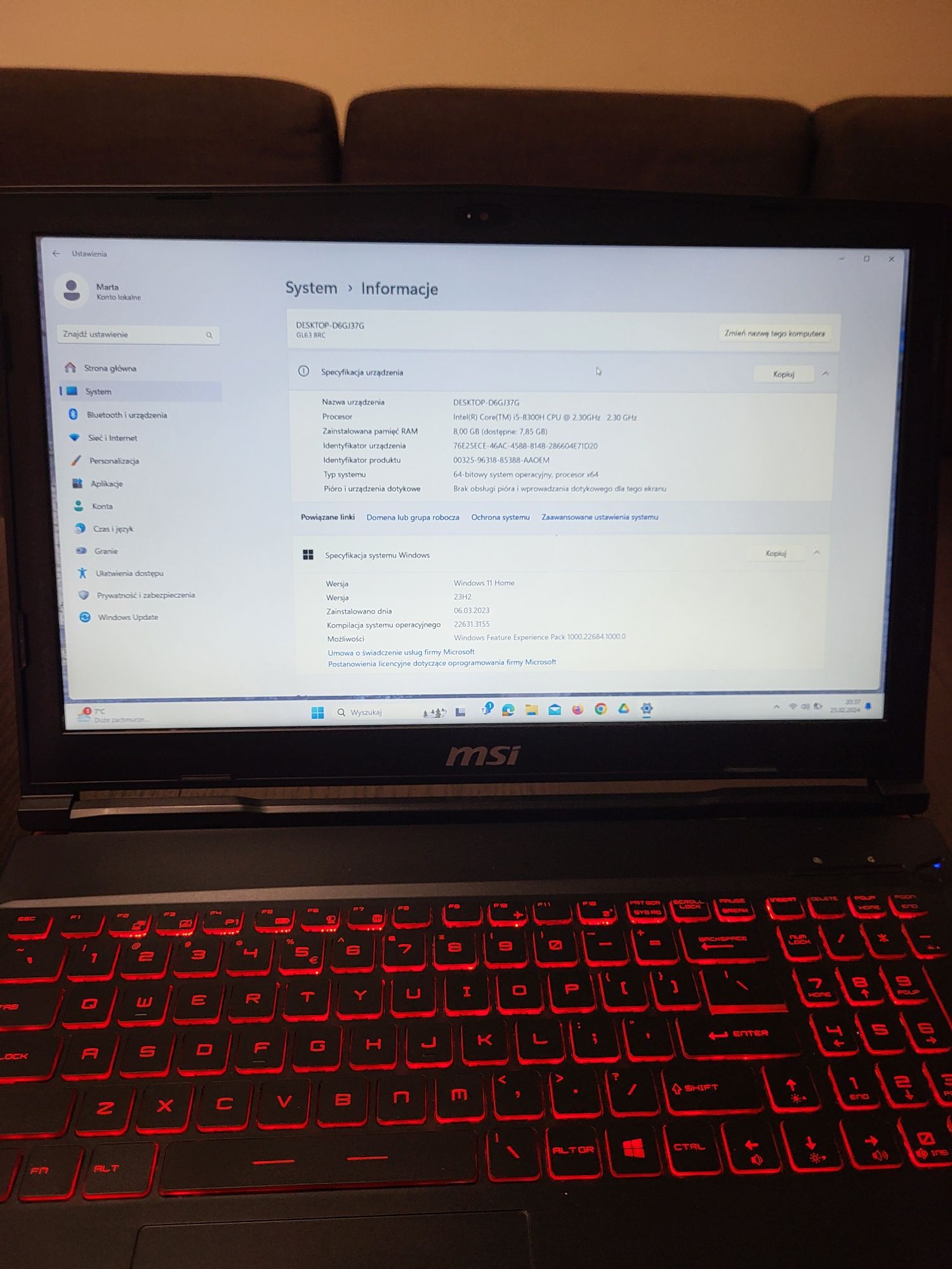 Laptop gamingowy MSI GL63 8RC