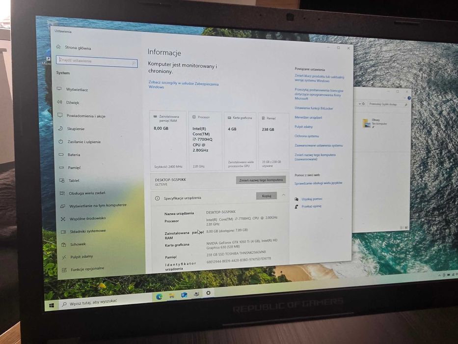 Laptop do gier/Intel Core i7-7700HQ/ matryca 17"/ GeForce 1050TI