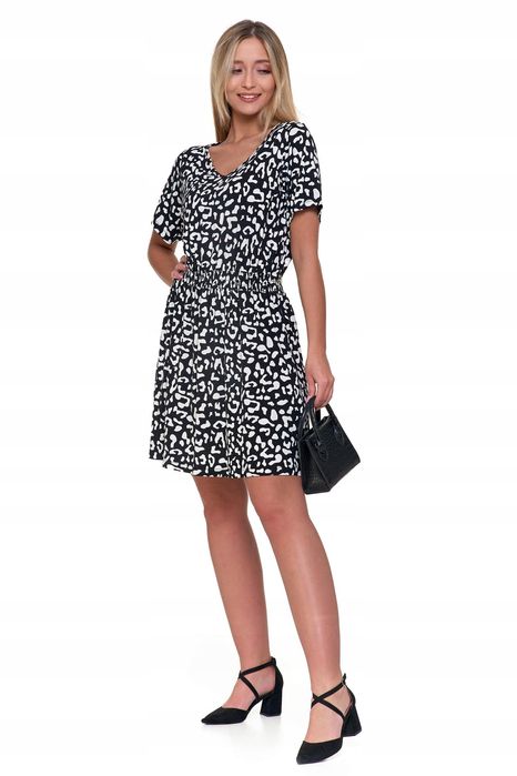 Krótka Sukienka Damska Do Kolan  Zwiewna Czarno Biała Panterka Moraj L