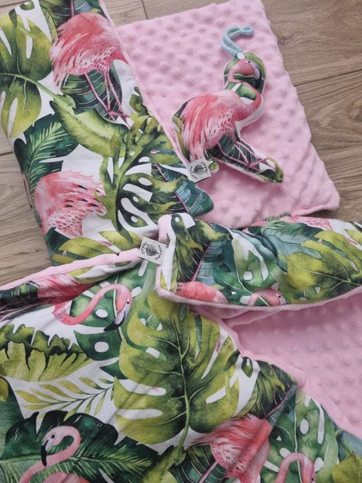 Kocyk + poduszka + zawieszka / Minky róż flamingi / Bawełna Handmade